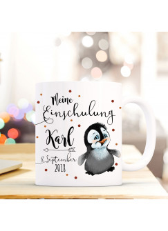 Tasse Becher Einschulung mit kleiner Pinguin Punkte Spruch Wunschnamen und Datum Kinderbecher Geschenk ts702