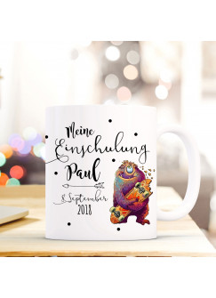 Tasse Becher Einschulung mit Monster Punkte Spruch Wunschnamen und Datum Kinderbecher Geschenk ts704