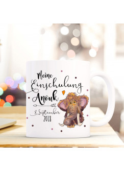 Tasse Becher Einschulung mit Mammut Punkte Spruch Wunschnamen und Datum Kinderbecher Geschenk ts705