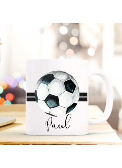 Tasse Becher Kaffeetasse mit Fußball Ball Sreifen Wunschnamen Name Geschenk Fußballer Meisterschaft ts709