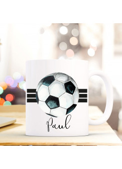 Tasse Becher Kaffeetasse mit Fußball Ball Streifen Wunschnamen Name Geschenk Fußballer Meisterschaft ts710
