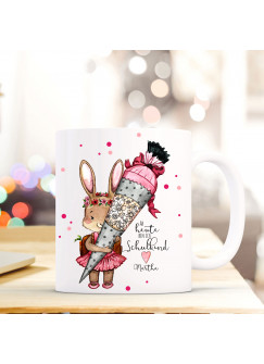 Tasse Becher Geschenk Einschulung mit Hase Häschen Schultüte Spruch Ab heute Schulkind & Wunschnamen Kinderbecher ts714