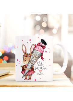 Tasse Becher Geschenk Einschulung mit Hase Häschen Schultüte Spruch Ab heute Schulkind & Wunschnamen Kinderbecher ts714