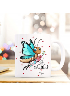 Tasse Becher Geschenk Schulstart mit Schmetterling Zuckertüte Punkte & Spruch Schulkind mit Name Wunschnamen ts716