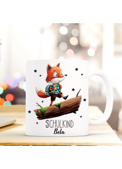 Tasse Becher Geschenk Schulstart mit Fuchs Füchschen Tornister Sterne & Spruch Schulkind mit Name Wunschnamen ts719