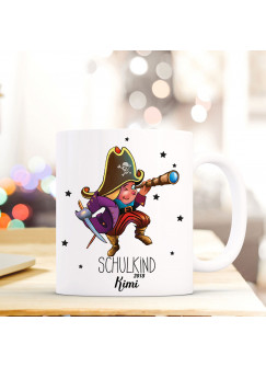 Tasse Becher Geschenk Schulstart mit kleinem Pirat Sterne & Schulkind mit Name Wunschnamen & Jahr der Einschulung ts727