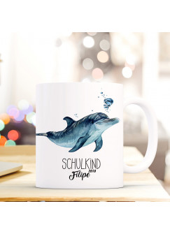 Tasse Becher Geschenk Schulstart mit Sterne Name Wunschnamen Einschulungsjahr Delphin & Spruch Schulkind ts735