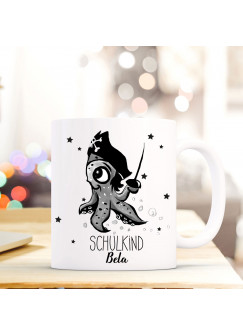 Tasse Becher Octopus Krake Pirat Geschenk Schulstart mit Sterne Name Wunschnamen & Spruch Schulkind ts736