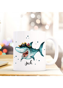 Tasse Becher mit Hai Haifisch Pirat Geschenk mit Tiermotiv Kaffeetasse Haitasse mit Namen Wunschnamen Kaffeebecher ts773