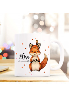 Tasse Becher mit Fuchs Herz & Feder Geschenk mit Tiermotiv Kaffeetasse Fuchstasse mit Namen Wunschnamen Kaffeebecher ts776