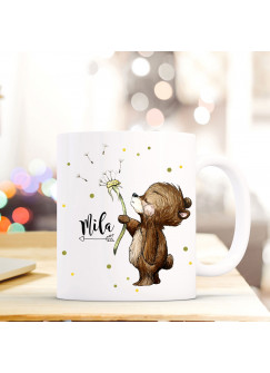 Tasse Becher mit Bär Bärchen & Pusteblume Geschenk mit Tiermotiv Kaffeetasse Bärchentasse mit Namen Wunschnamen Kaffeebecher ts777