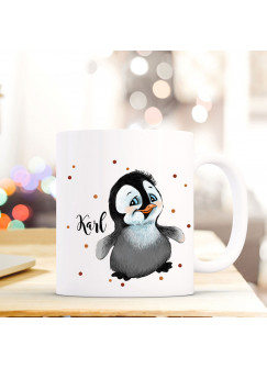 Tasse Becher mit Pinguin & Punkte Geschenk mit Tiermotiv Kaffeetasse Pinguintasse mit Namen Wunschnamen Kaffeebecher ts779