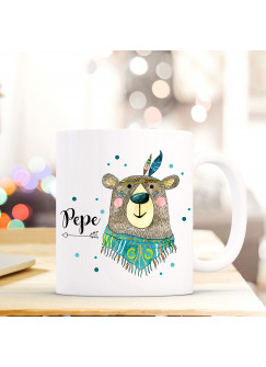 Tasse Becher mit Boho Bär Bärchen Geschenk mit Tiermotiv Kaffeetasse Bärentasse mit Namen Wunschnamen Kaffeebecher ts780