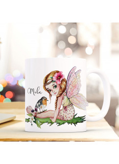 Tasse Becher mit Fee Elfe & Vogel Geschenk mit Feenmotiv Kaffeetasse Elfentasse mit Namen Wunschnamen Kaffeebecher ts797