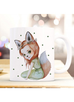 Tasse Becher mit Motiv Fuchsmädchen Fara mit grünen Punkten Kaffeebecher Teetasse Geschenk Motivbecher ts854