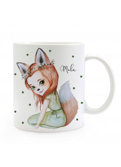 Individuelle Tasse Becher Fuchsmädchen Fara mit grünen Punkten & Name Geschenk Kaffeebecher mit Wunschname ts855