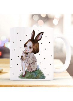 Tasse Becher mit Motiv Hasenmädchen Huki mit schwarzen Punkten Kaffeebecher Teetasse Geschenk Motivbecher ts856
