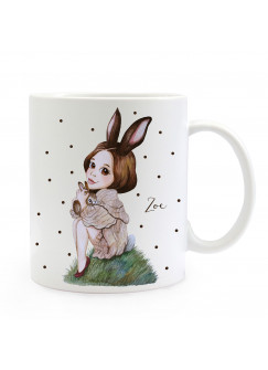 Individuelle Tasse Becher Hasenmädchen Huki mit schwarzen Punkten & Name Geschenk Kaffeebecher mit Wunschname ts857