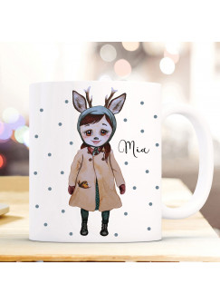 Individuelle Tasse Becher Rehmädchen Runi mit Punkten Pünktchen & Name Geschenk Kaffeebecher mit Wunschname ts858