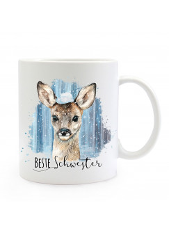 Tasse Becher mit Reh Rehkitz Schnee & Spruch Beste Schwester Kaffeebecher Geschenk Spruchbecher ts867