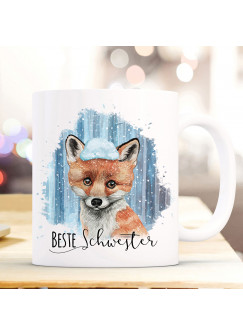 Tasse Becher mit Fuchs im Schnee & Spruch Beste Schwester Kaffeebecher Geschenk Spruchbecher ts868