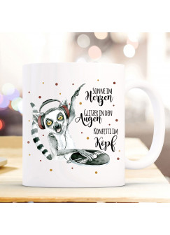 Tasse Becher Lemur DJ & Spruch Konfetti im Kopf Kaffeebecher Geschenk Spruchbecher ts875