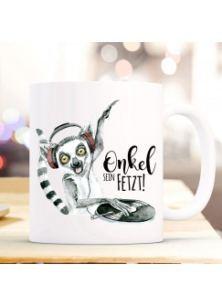 Tasse Becher mit Lemur Affe Äffchen DJ & Spruch Onkel sein fetzt Kaffeebecher Geschenk Spruchbecher ts876