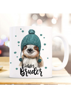 Tasse Becher mit Faultier Pudelmütze & Spruch Liebster Bruder Motiv Kaffeebecher Geschenk Weihnachten ts883
