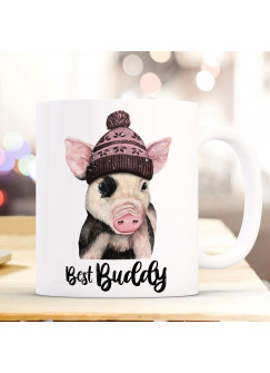 Tasse Becher mit Schweinchen Pudelmütze & Spruch best buddy Motiv Kaffeebecher Geschenk Weihnachten ts884