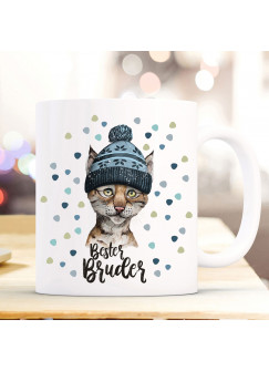 Tasse Becher mit Luchs Pudelmütze & Spruch Bester Bruder Motiv Kaffeebecher Geschenk Weihnachten ts886