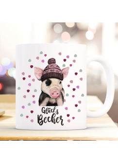 Tasse Becher mit Schweinchen Pudelmütze & Spruch Glücks Becher Motiv Kaffeebecher Geschenk Weihnachten ts888