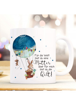Tasse Becher Hase im Ballon & Spruch Mutter für mich bist du die Welt Kaffeebecher Geschenk Spruchbecher ts890