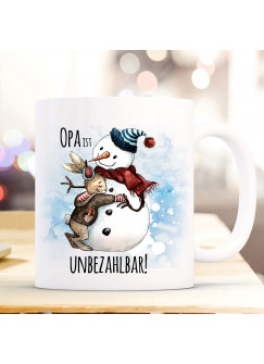 Tasse Becher Hase mit Schneemann & Spruch Opa ist unbezahlbar Kaffeebecher Geschenk Spruchbecher ts892