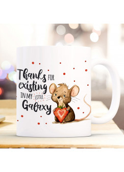 Tasse Becher Motiv mit Maus Mäuschen Herzbeere Spruch Thanks for existing... Kaffeebecher Geschenk Spruchbecher ts917