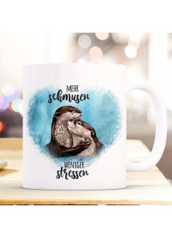 Tasse Becher Motiv mit Otter Pärchen blau Spruch Mehr schmusen weniger stressen Kaffeebecher Geschenk Spruchbecher ts918