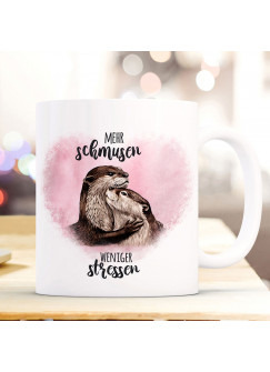 Tasse Becher Motiv mit Otter Pärchen rosa Spruch Mehr schmusen weniger stressen Kaffeebecher Geschenk Spruchbecher ts919