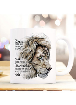 Tasse Becher Motiv Löwe Löwenkopf Spruch Stärke kommt von Überwindung Kaffeebecher Geschenk Spruchbecher ts955