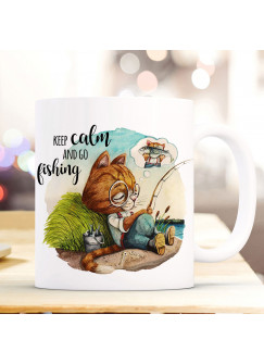 Tasse Becher Kaffeetasse Kater Katze Kätzchen Angelkater Angel Spruch Keep calm and go fishing Kaffeebecher Geschenk Spruchbecher ts962