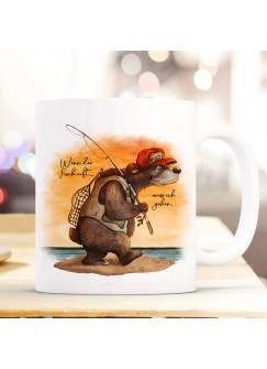 Tasse Becher Kaffeetasse Angeler Bär Angel Spruch Wenn der Fisch ruft Kaffeebecher Geschenk Spruchbecher ts966