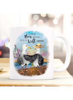 Tasse Becher Kaffeetasse Möwe Vogel Möwenpaar Spruch Ans Meer fahren Welt ignorieren Kaffeebecher Geschenk Spruchbecher ts980