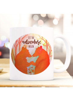 Tasse Becher Kaffeetasse Bär Bärenpaar Spruch Let the Adventure begin Orange Wald Kaffeebecher Geschenk Spruchbecher ts981