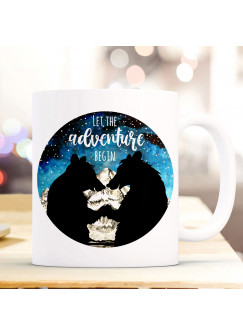 Tasse Becher Kaffeetasse Bär Bärenpaar Spruch Let the Adventure begin Schwarz Nacht Kaffeebecher Geschenk Spruchbecher ts982