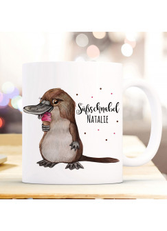 Tasse Becher Schnabeltier mit Eis & Süßschnabel Name Wunschname Kaffeebecher Geschenk Spruchbecher ts983