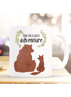 Tasse Becher Kaffeetasse Bär und Fuchs Spruch Time for a great Adventure Kaffeebecher Geschenk Spruchbecher ts985