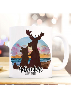 Tasse Becher Kaffeetasse Wolf und Elch Spruch Adventure is out there Kaffeebecher Geschenk Spruchbecher ts987