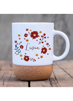 Tasse Becher Keramiktasse mit Kork Korktasse Blumen flowers retro boho mit Wunschname Name Kaffeepott Kaffeebecher Kaffeetasse Geschenk tsk12