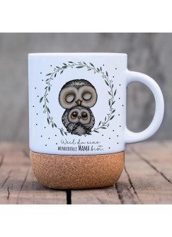 Tasse Becher Keramiktasse mit Kork Korktasse Eule mit Kind Spruch wundervolle Mama Kaffeepott Kaffeebecher Kaffeetasse Geschenk tsk14