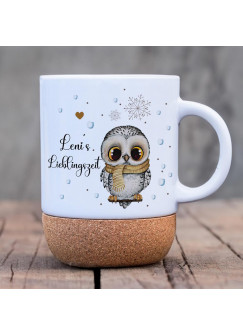 Tasse Becher Keramiktasse mit Kork Korktasse Winter Weihnachten Eule Wunschname Name Lieblingszeit Weihnachtstasse Kaffeebecher Kaffeetasse Geschenk tsk22