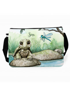 Schultertasche Schultasche Tasche Schildkröte mit Libelle und Wunschnamen tsu17