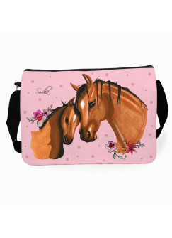 Schultertasche Schultasche Tasche Pferd mit Fohlen und Wunschnamen satchel sling bag school bag horse with foal and desired name tsu01